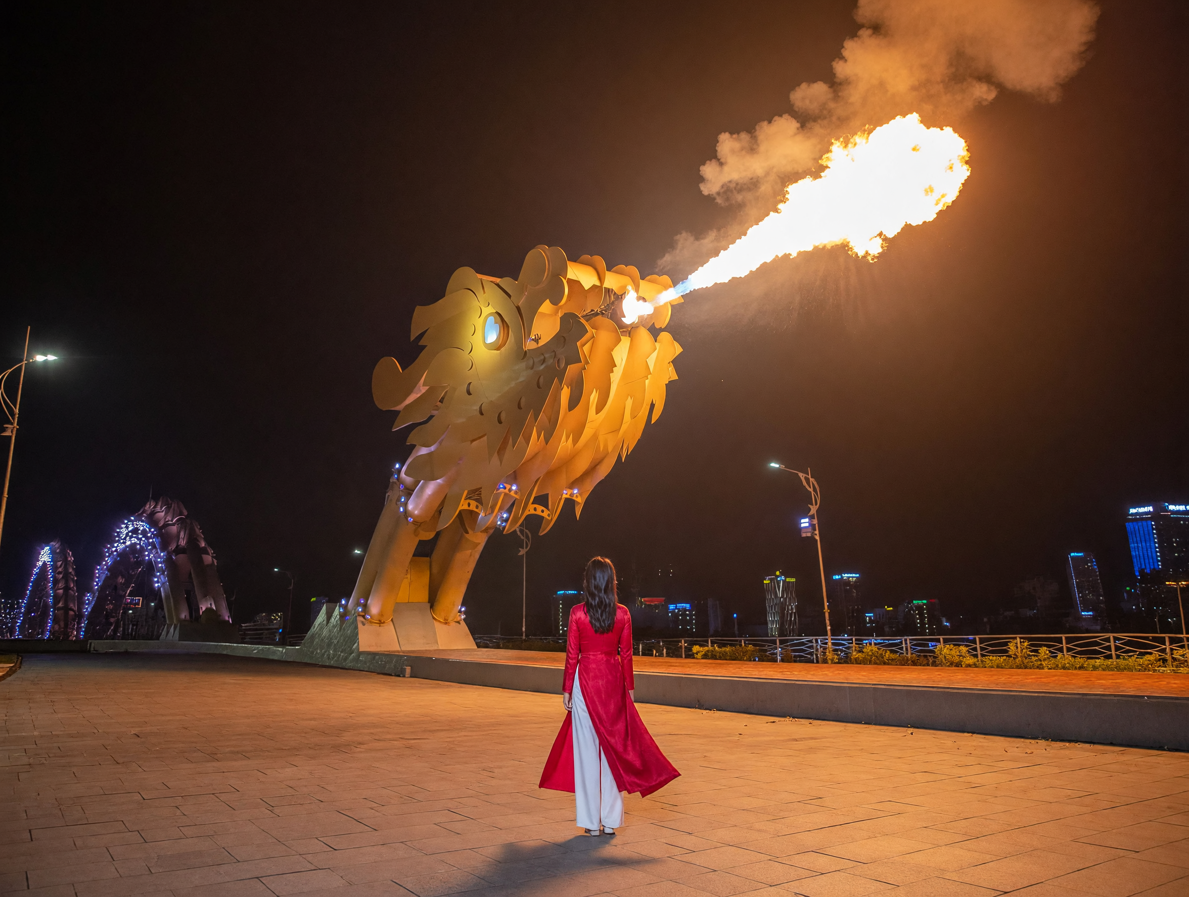 Dragon Bridge lit up at night over the Han River Da Nang